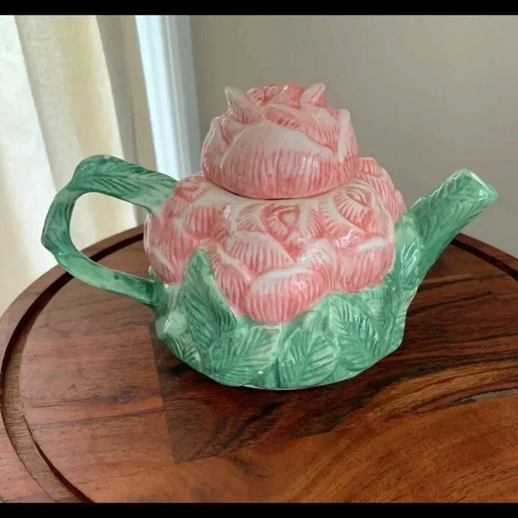 Peggy Jo Ackley Vintage Rose Teapot Pink Green Floral Ceramic Cottage core EUC - Picture 4 of 7